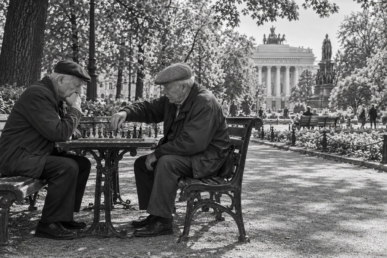 Чёрно-белая жанровая фотография: шахматисты в Екатерининском саду Санкт-Петербурга